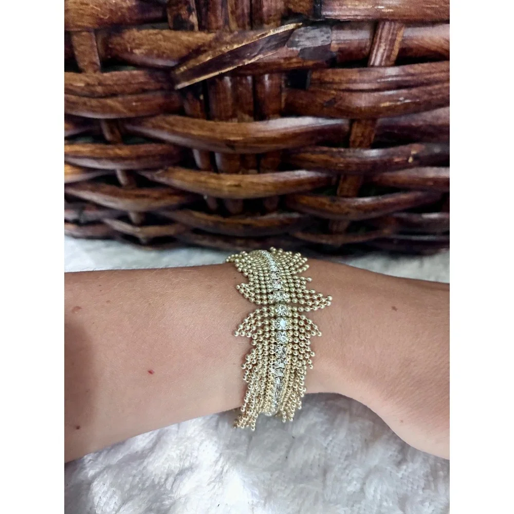 Gold Rhinestone Fringe Bracelet Multi Strand Tassel Statement Glam